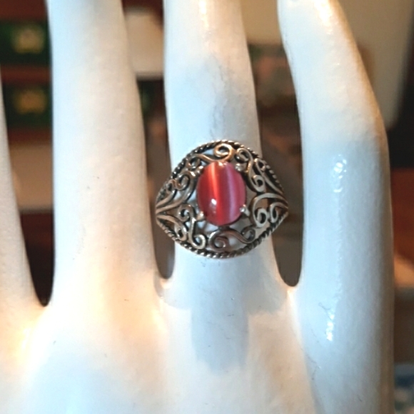 Vintage Jewelry - VTG Filigree Sterling Silver Pink Cat's Eye Ring